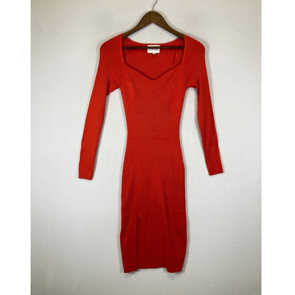 Chic Ribbed Olive + Oak Womens XS‎ Orange Red Sweetheart Neck Slit Midi Dress